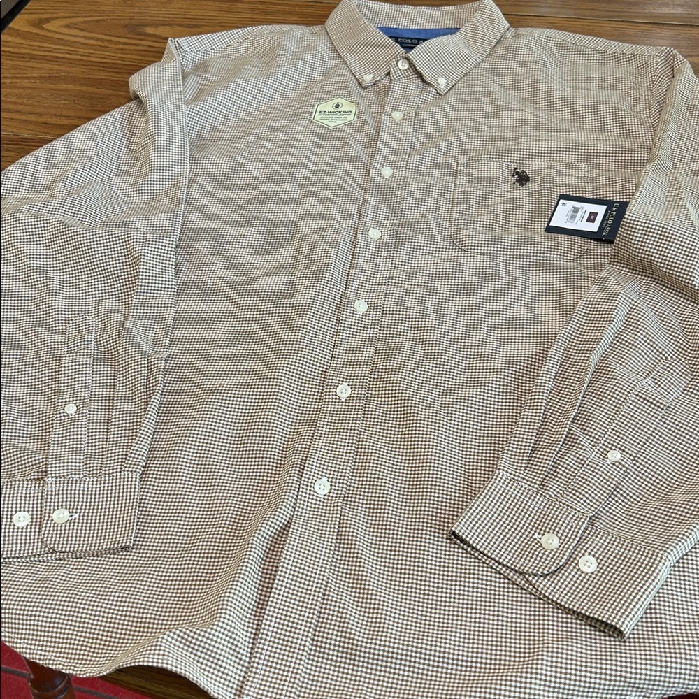 NWT U.S. Polo Assn. Men's Tan and Brown Micro-Check Button-Down Shirt - Picture 5 of 7
